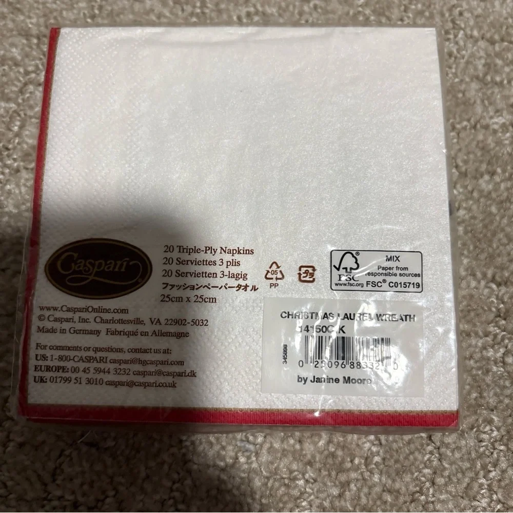 Caspari Christmas Laurel Wreath Cocktail Napkin Letter K 20Triple Ply  25x25 Cm